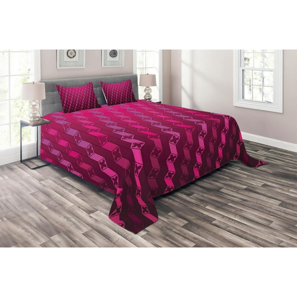 Magenta Coverlet Set, Abstract Striped Psychedelic Motif Fashion Gradient Retro Structured Grid