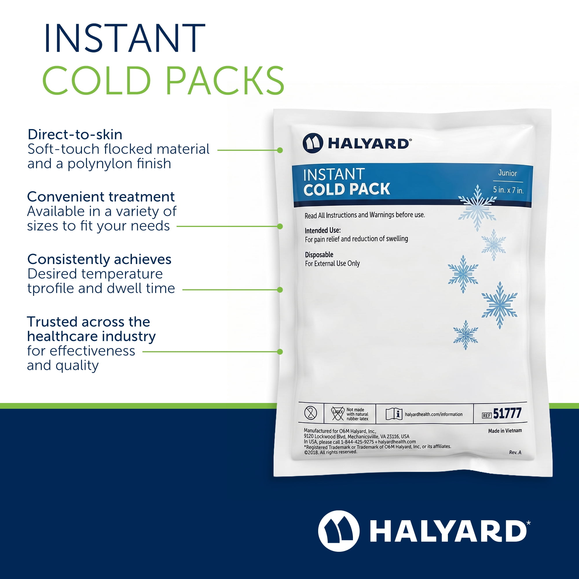 HALYARD Instant Cold Pack Disposable Cold Compress Ice Packs for Swelling Injuries Toothaches Sprains Strains 5 x 7 Inches, 48 Packs Per Case - 51777