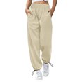thumbnail image 1 of Pantalón de mujer cintura alta elástico Color puro cordón bolsillos sueltos deportes pierna ancha tobillo atado pantalones de mujer albaricoque XXL, 1 of 6