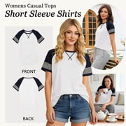 TEMOFON Summer Short Sleeve Tops for Women Color Block Casual Tunic Crew Neck Cute Striped T Shirts White Tees