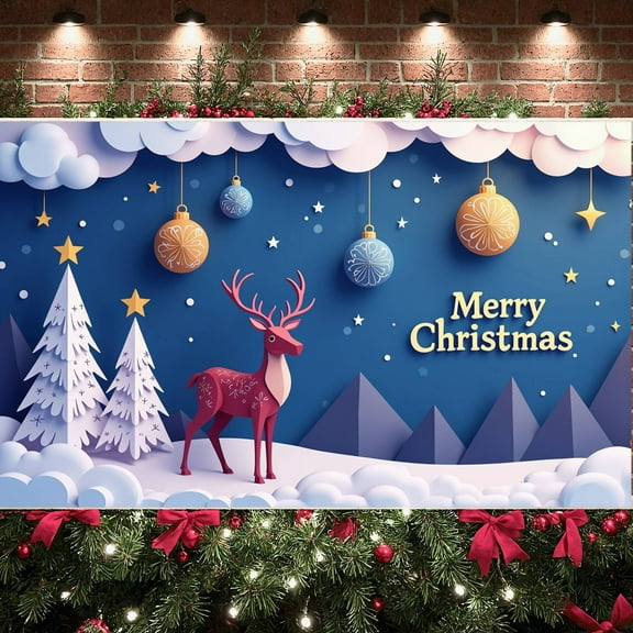 Reindeer Design Christmas Banner Colorful Ornaments Xmas Display Star Decorations Blue Background Holiday Backdrop for Christmas Party Home Decoration Family Party
