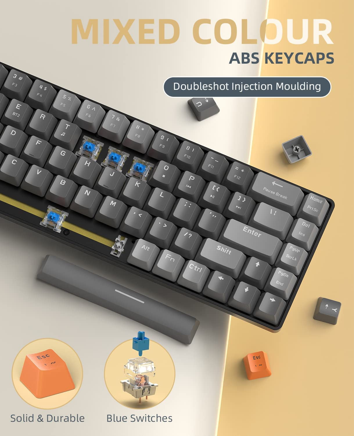 ZIYOULANG K68 60% Wireless Mechanical Keyboard, Bluetooth 5.0/2.4GHz, Ergonomic, Blue Switch