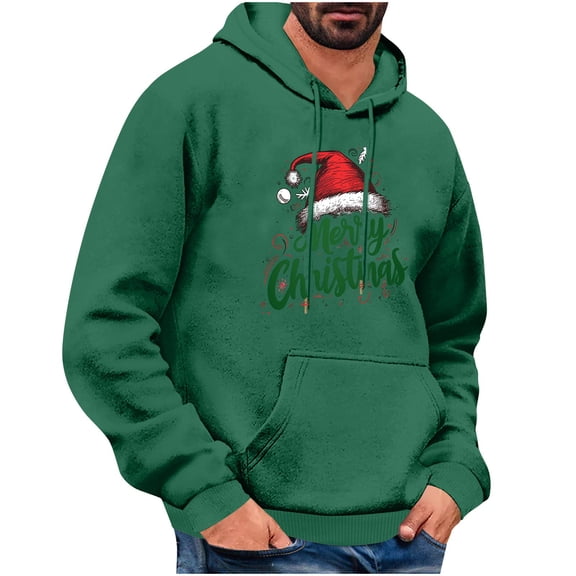 qelini Hoodies for Men Graphic Long Sleeve Pullover Merry Christmas Print Drawstring Hooded Sweatshirts Casual Tops