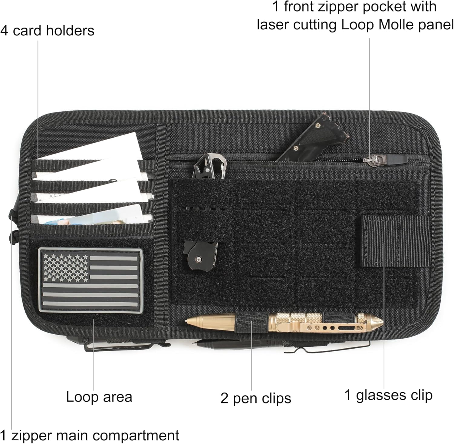 Heavy Duty Molle Car Sun Visor Organizer - Tactical Accessories with Zipper Storage Pouch,Glasses Clip and Card Sleeve Pocket, Multi-Pocket Pouch for Cars SUVs Trucks