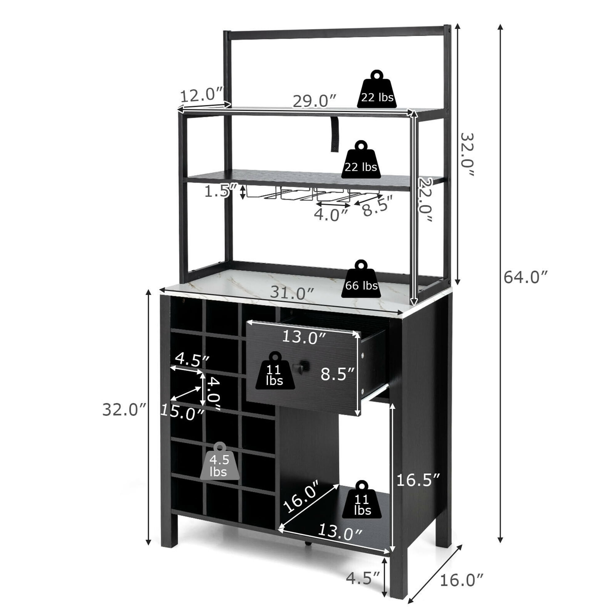 Gymax Black Kitchen Bakers Rack Freestanding Wine Rack Table w/ Glass Holder & Drawer