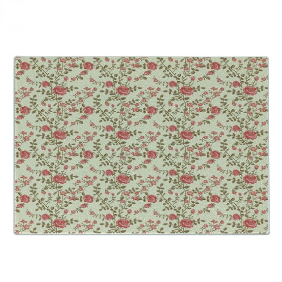 Rose Cutting Board, Rustic Pattern with Floral Stems Old Fashion Design Classical Feminine, Decorative Tempered Glass Cutting and Serving Board, Small Size, Pale Yellow Dark Coral, by Ambesonne