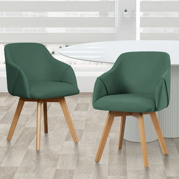 WOOW DEPOT Swivel Dining Chairs Set of 2, Upholstered with Arms & Wood Legs, Modern Linen Fabric Side Chairs for Kitchen Living Room Office, Dark Green