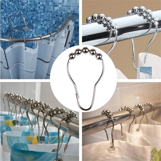 serony 12 Pieces Shower Curtain Hooks Washroom Decorative Drape Rod Hangers Bathing Liners Rings Universal Household Toilet Hardware Silver