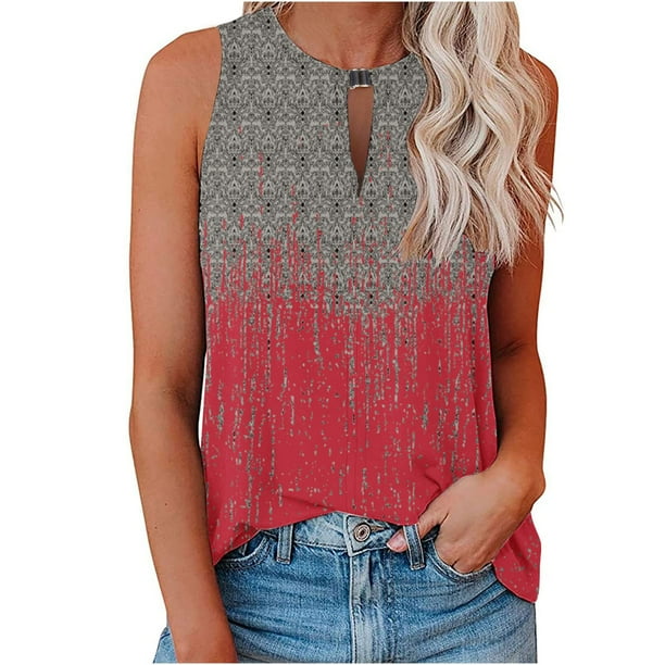 lcziwo Sleeveless Shirts for Womens Vintage 2024 Ethnic Print Tank Tops Pleated Drape Dressy Tops Summer Clothes Teacher Outfits Red XXL