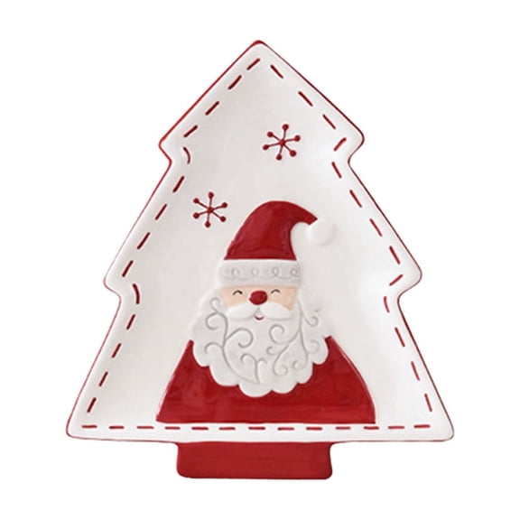 1Pc Christmas Ceramic Plate, Tree Shaped Santa Reindeer Dessert Plate, Red Stitched Porcelain Snack Serving Platter for Xmas Table Decor