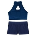 thumbnail image 4 of TiaoBug Kids Girls Gymnastics Dance Costume Hollow Front Sequin Crop Top with Shorts Dancewear Navy Blue 12, 4 of 5