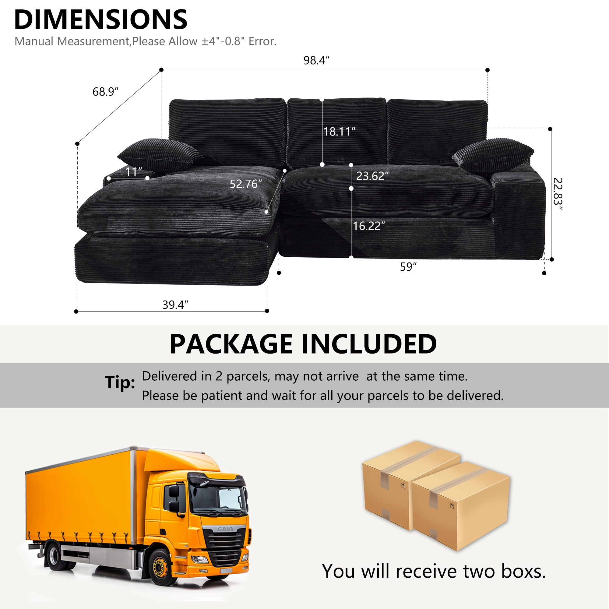 Convertible Sofa, Corduroy Compressed Sofa Bed, 3-Seat Sleeper Couch with 3 Back Cushions and 2 Throw Pillows, Soft Skin-Friendly Fabric, Wide Seat for Living Room Apartment, Black