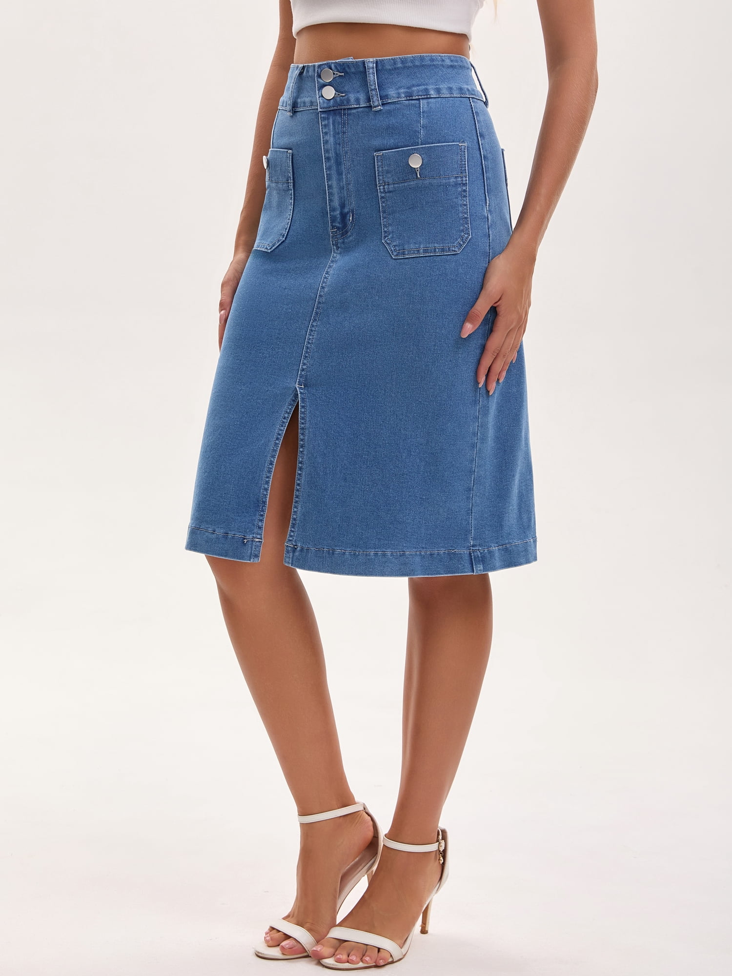 DARING DIVA Women's Stretchy Below Knee Length Jean Skirts X-Large Blue