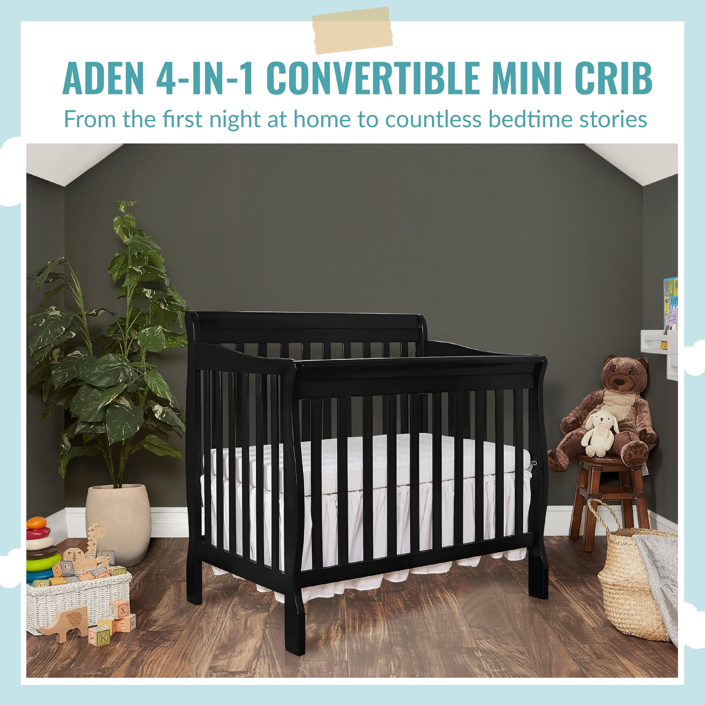 Dream On Me Aden 4 in 1 Convertible Mini Crib In Black Greenguard
