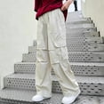 thumbnail image 4 of hlysgo Girls Parachute Pants Wide Leg Cargo Pant Y2K Streetwear Trousers with Multi Pockets Beige Beige,12-13Years, 4 of 5