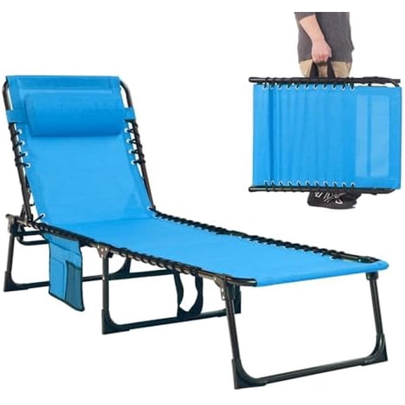 Folding Chaise Lounge Chair Bed - Heavy-Duty 400lb Capacity Portable Adjustable Recliner w/Pillow for Patio, Pool, Camping, Sunbathing - Lay Flat Design (Blue)$$Garden & Patio