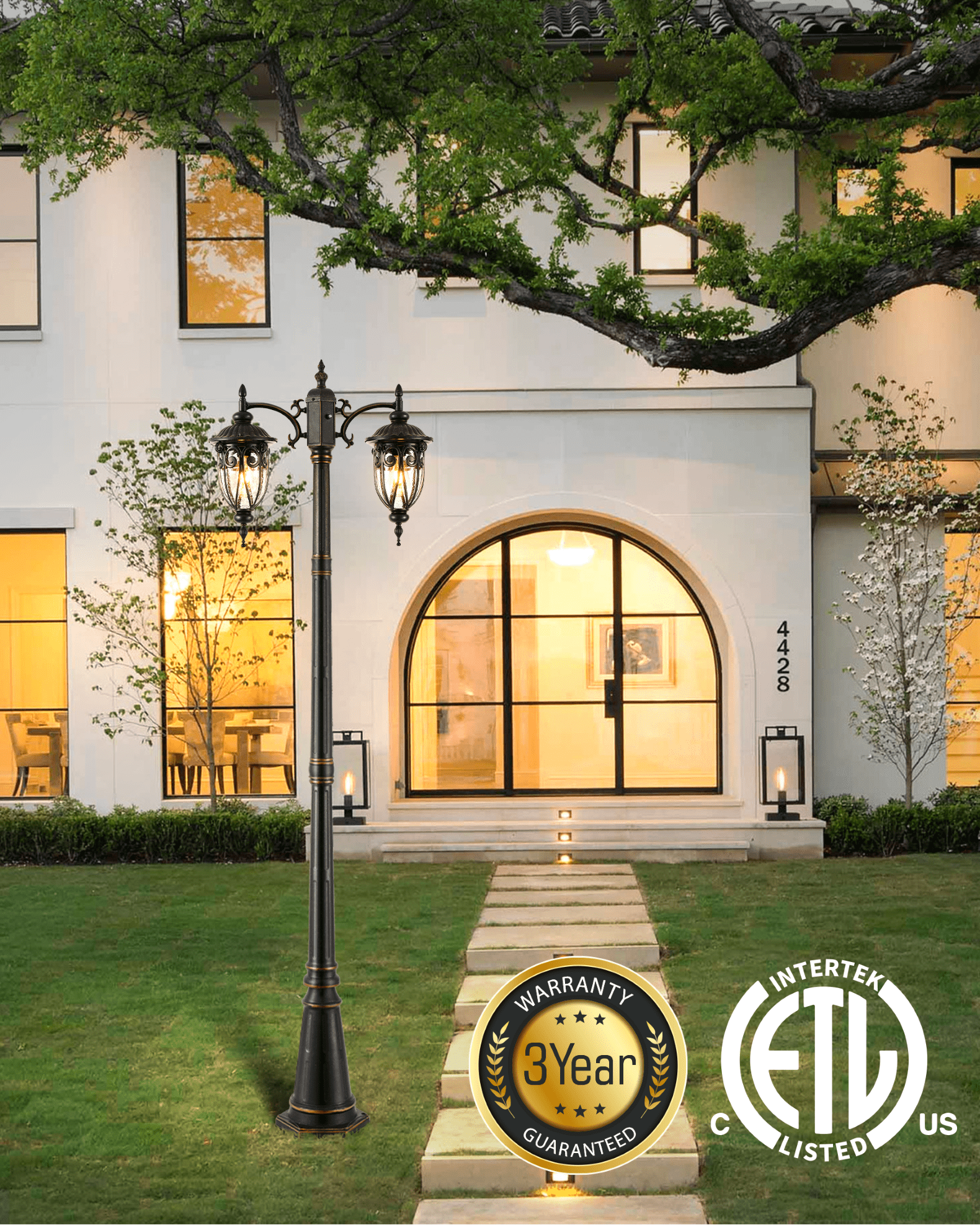 VIANIS 2-Head Outdoor Lamp Post Light, Dusk to Dawn Post Lamps Outside, Waterproof Seed Glass Lamp Posts Outdoor Lighting, Anti-Rust Bronze Light Posts for Outside, Garden, Yard, Doorway, Hardwired