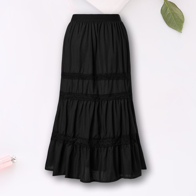 Falda Larga Falda con ribete de encaje para mujer, falda de verano con forma de A, traje de vacaciones (negro L) Cgtredaw para Mujer Negro T M