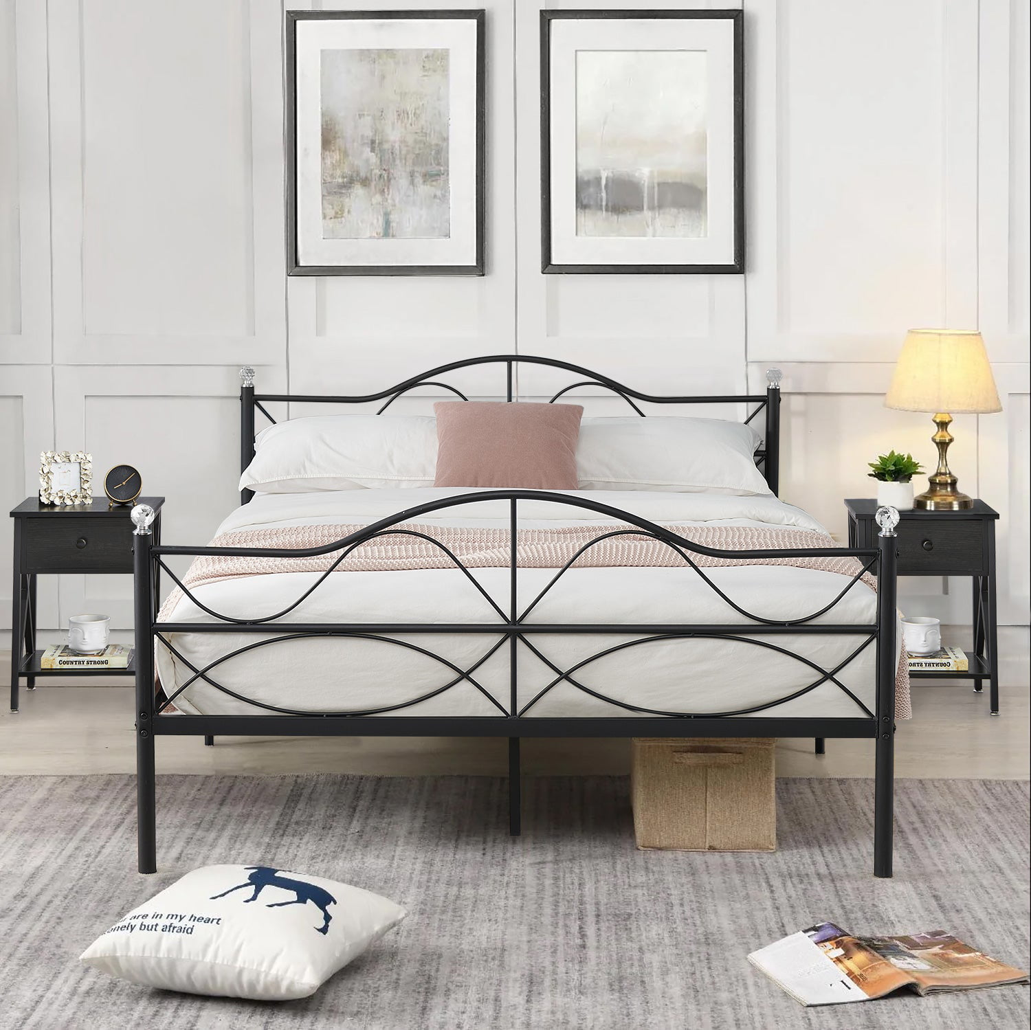 Vecelo Queen Size Metal Platform Bed, Metal Bed Frame With Headboard Queen Size