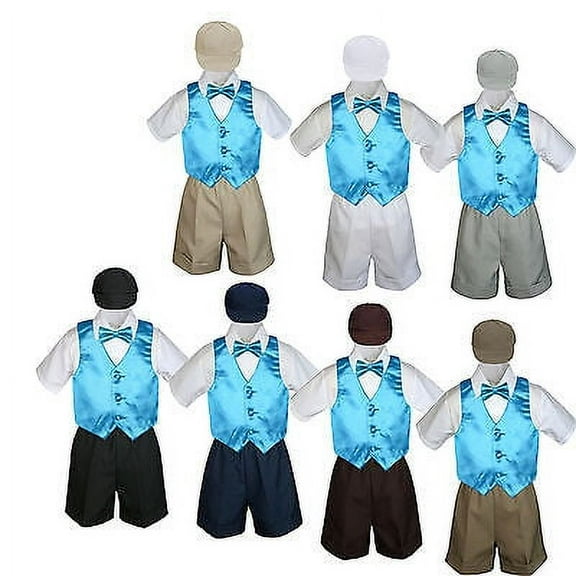 5pc Boy Toddler Formal Turquoise Vest Bow Tie Black Khaki Navy Hat Shorts S-4T