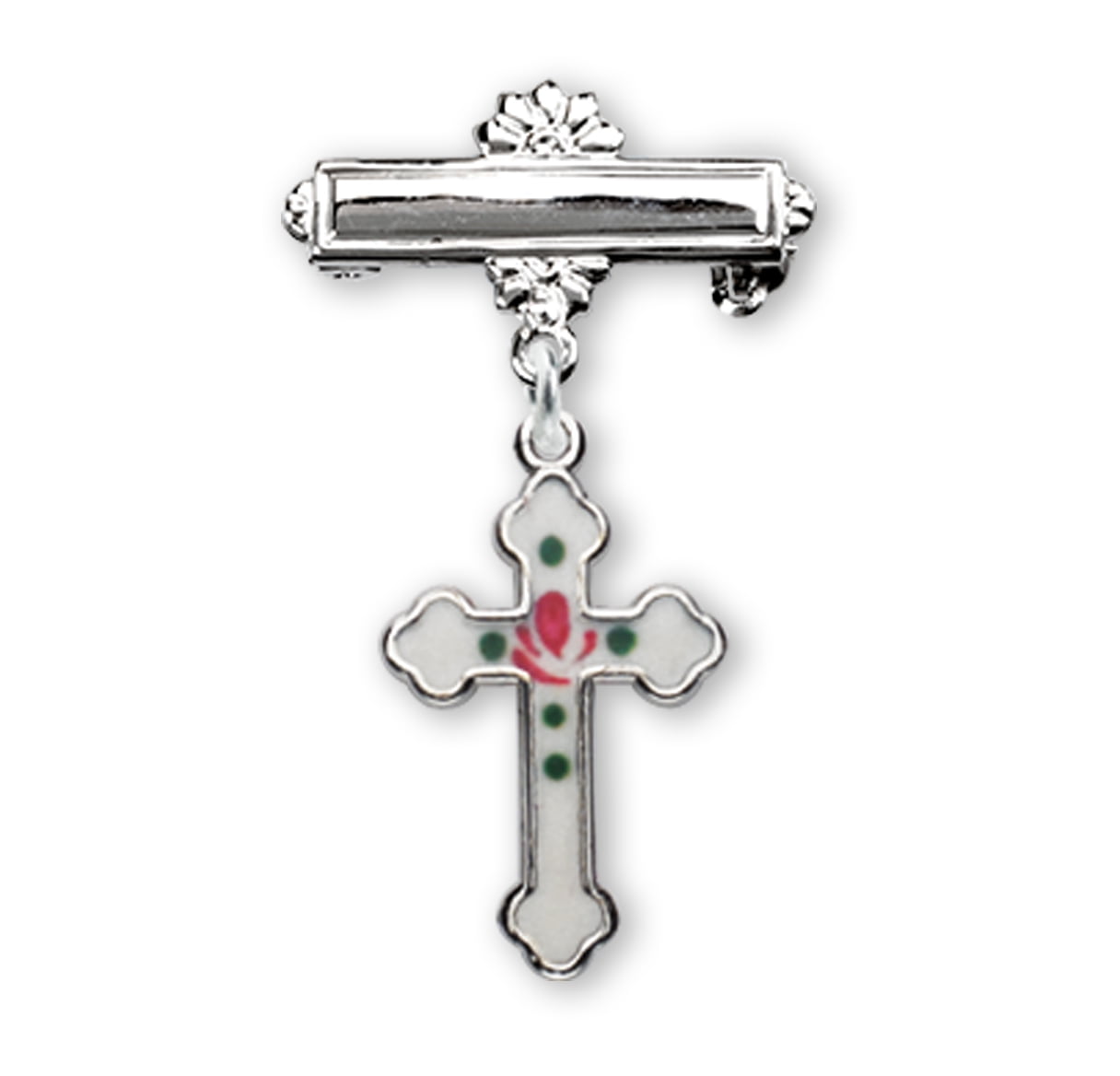 HMH Sterling Silver Rosebud White Enameled Baby Cross Pin