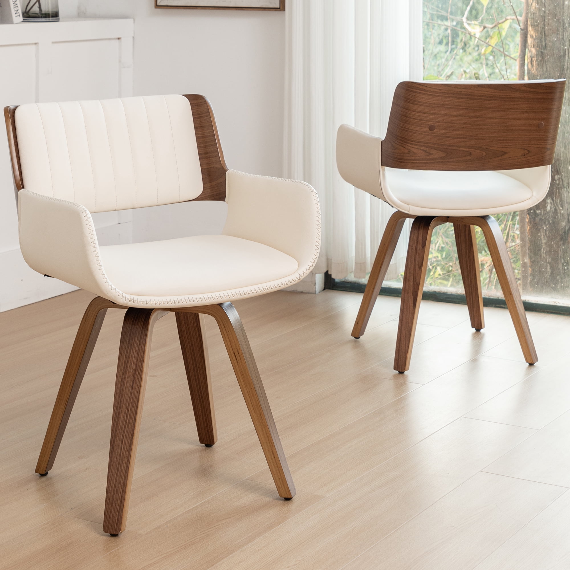 FOWEOAIU Modern Dining Chairs,Leather Upholstered Walnut Wood With rotation Kitchen Dining Chairs , Beige (Set of 2)