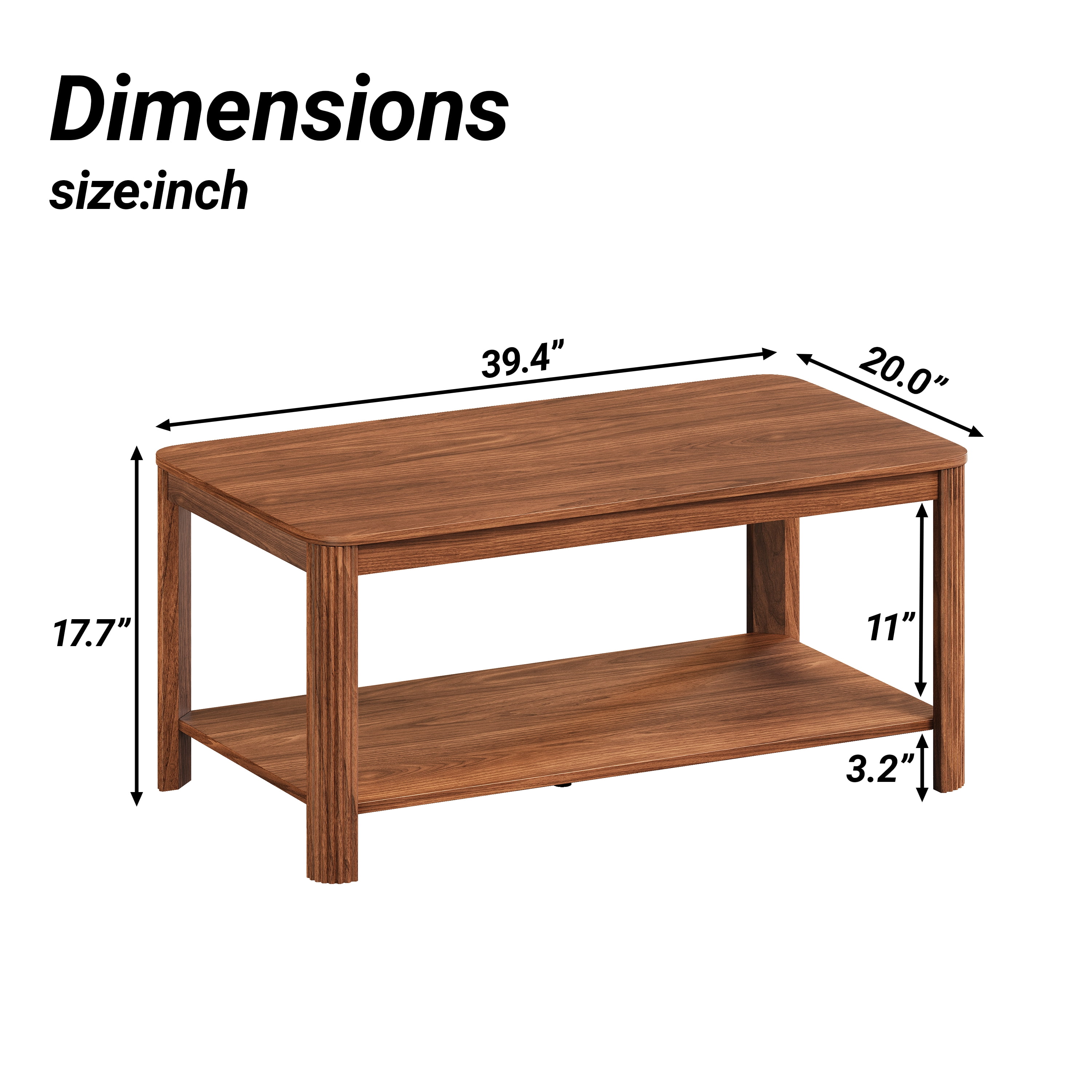 Leumius Wood Coffee Table with Storage Shelf,Modern Rectangular Accent Table for Living Room & Bedroom,39.4" L x 20" W x 17.7" H,Walnut