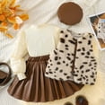 thumbnail image 4 of VNKIDY Girls Outfits Toddler Kids Winter Fashion Set Leopard Print Fuzzy Gilet Puff Long Sleeve Top Brown Pleated Leather Skirt Matching Headpiece For Daily Wear Stylish Outfits, 4 of 9