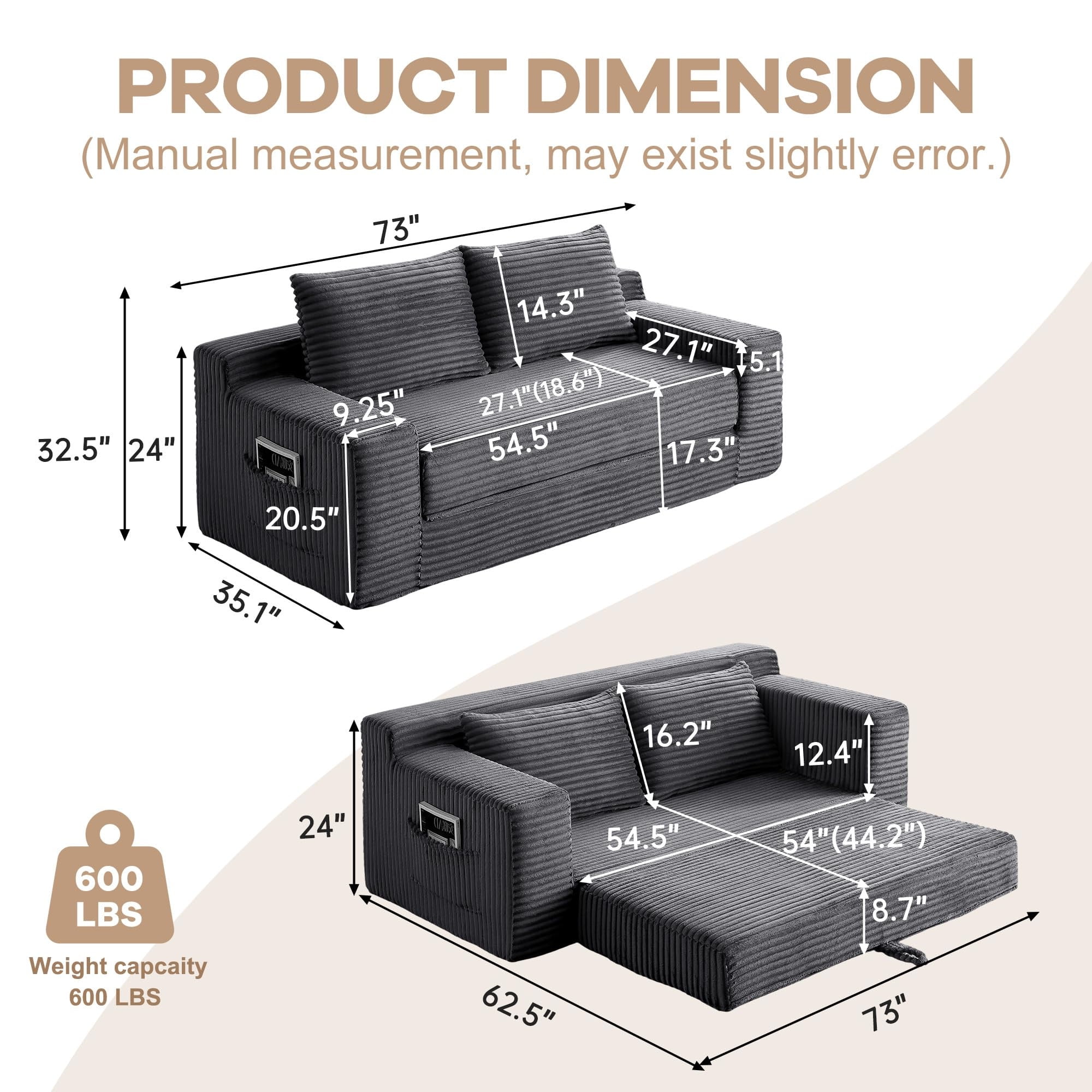 Aukfa 73" Chaise Futon Convertible Sofa Bed Boneless Couch, 2 Pillows&Side Pockets, Queen Size, Corduroy, Gray