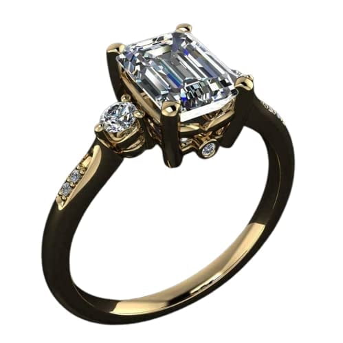 HeartsAndYou Round Accents Trilogy Engagement Ring for Women 1.4ct Emerald Moissanite 18k Yellow Gold Over Silver