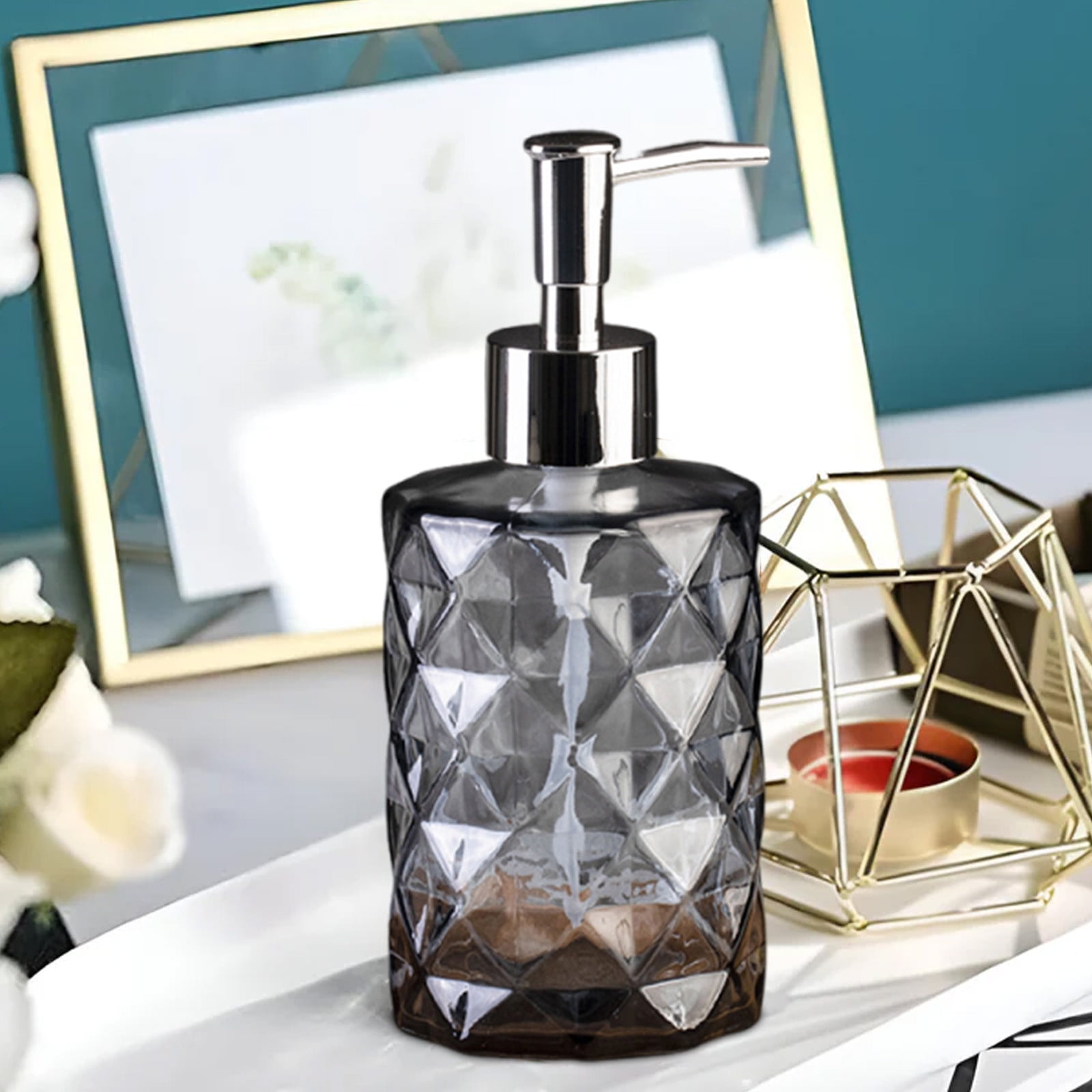 YiJuHui 2pcs Refillable Glass Soap Dispenser Pump Bottle with Diamond Pattern Design for Kitchen and Bathroom Decor