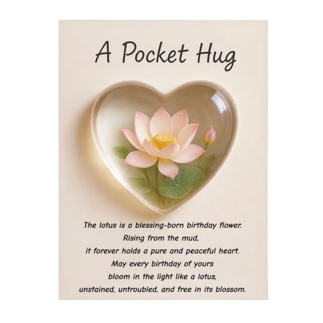 Abrazo de bolsillo con flor de nacimiento y poemas de aliento curativo. Recuerdo de corazón transparente con flor de nacimiento, regalo sentimental portátil.