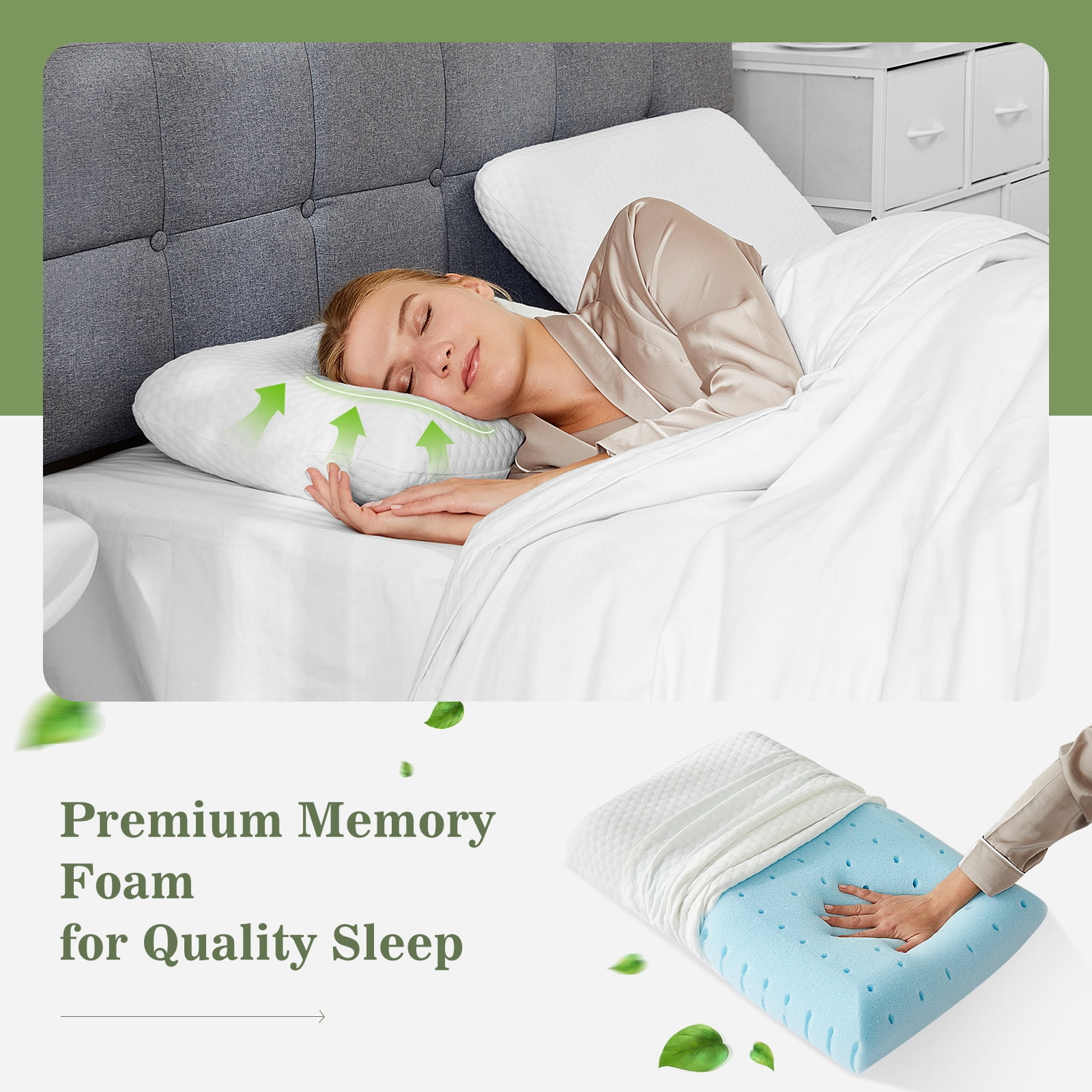 GIANNA Memory Foam Pillow for Sleeping, Standard Size(24" x 16" x 4.7"), Ergonomic Design, Soft and Supportive for Neck and Back Pain Relief, Washable Cover, 2 Pack