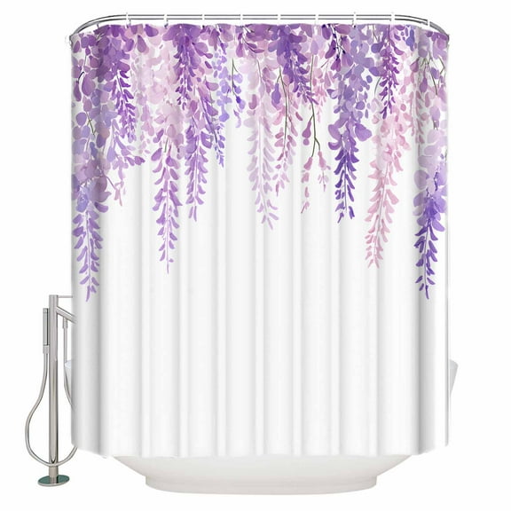 Extra Long Shower Curtain 72x96 Inch, Spring Flowers Shower Curtain Waterproof Bathroom Decor Purple Lavender Floral Modern Pastoral Fabric Bath Curtain Set Accessories with Hooks