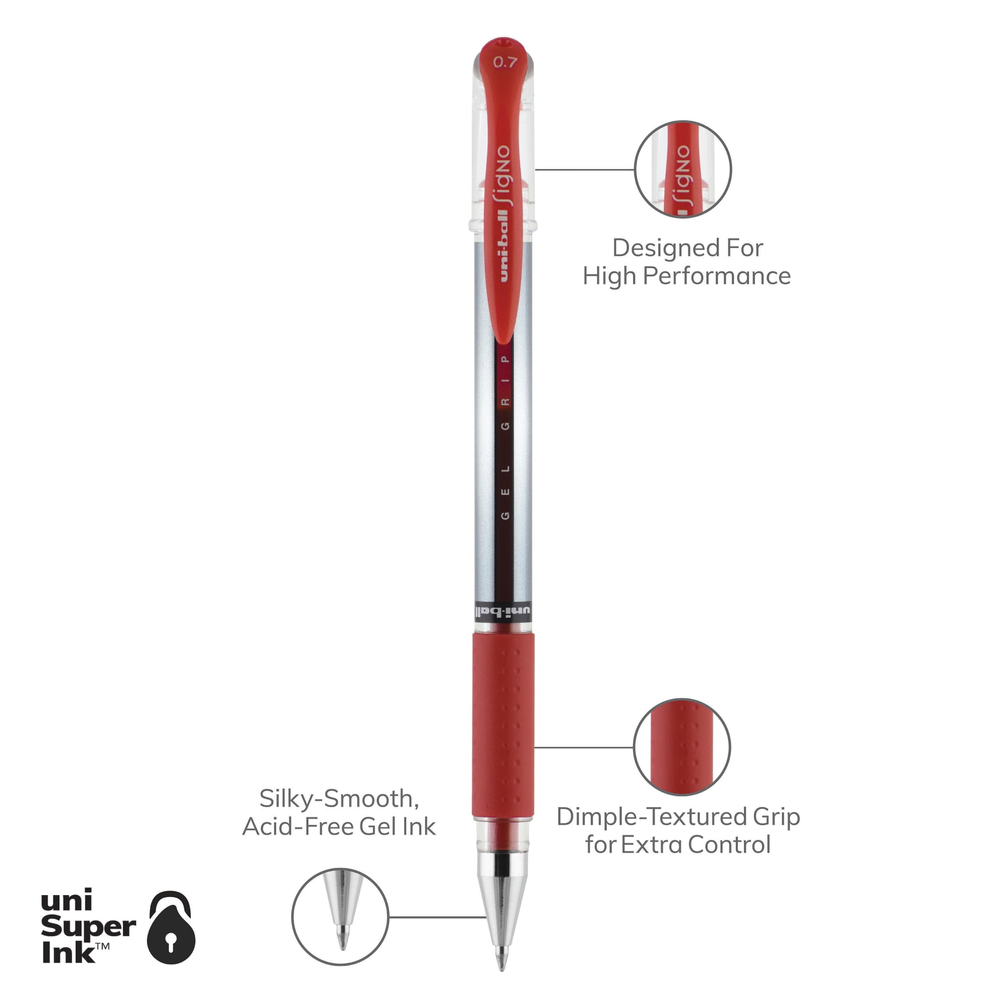 uniball Roller Grip Rollerball Pens, Medium Point (0.7mm), Red Ink, 12 Count