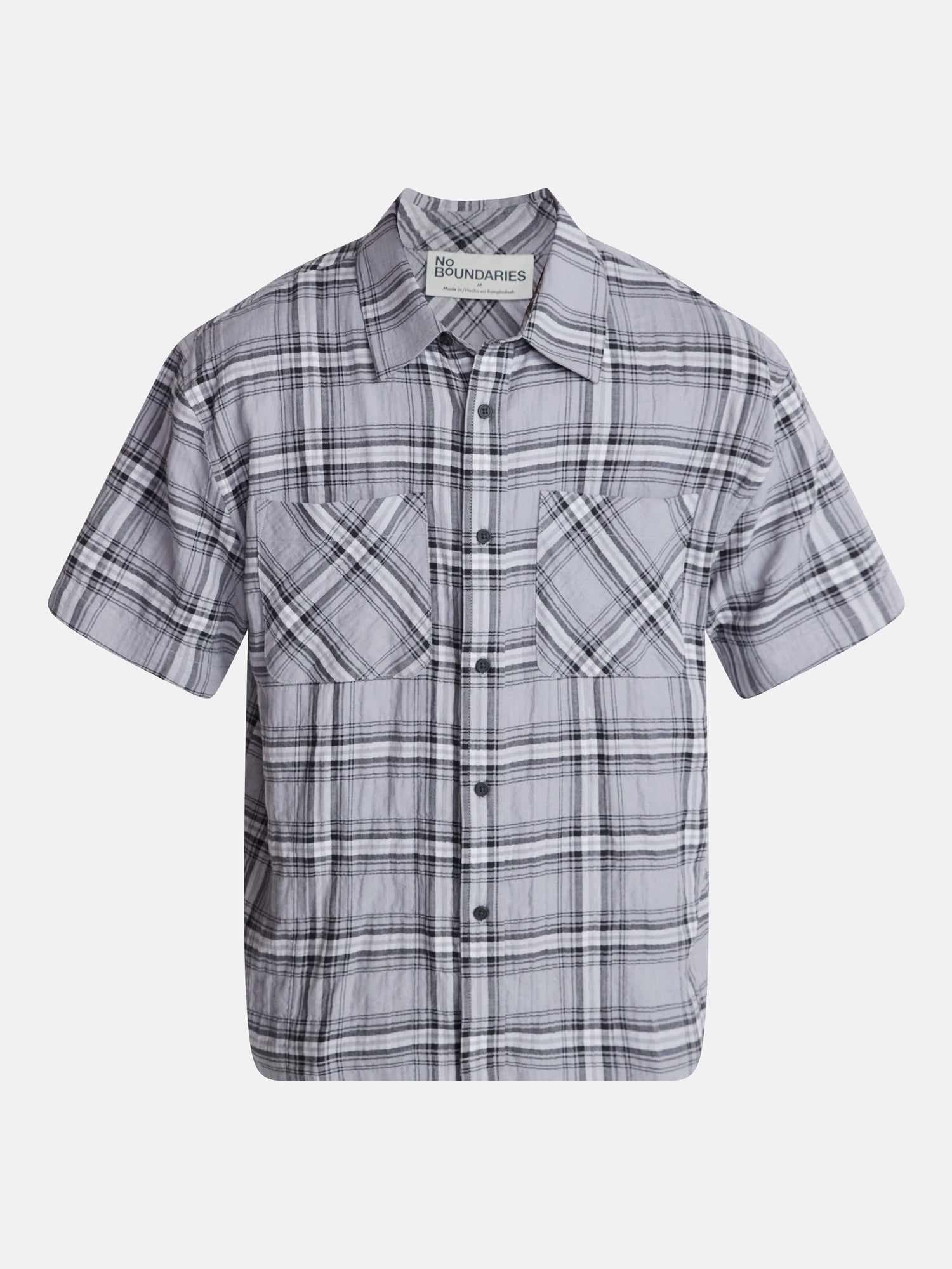 No Boundaries Textured Plaid Button Front Shirt with Short Sleeves, Men's XS-5XL