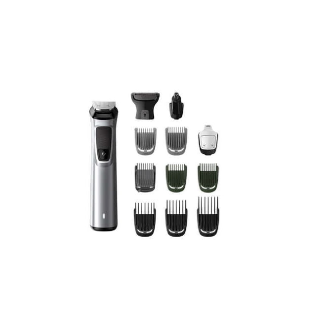 recortador de cabello philips mg7715/15 13 en 1 Plata, recortador frontal con mango de goma antideslizante y botón central, más 12 accesorios visibles: cabezal DualCut, recortadora de precisión, recortador nasal y nueve peines guía de varios largos sobre fondo blanco; hasta 120 minutos de autonomía según especificaciones; ideal para perfilar patillas y vello corporal.