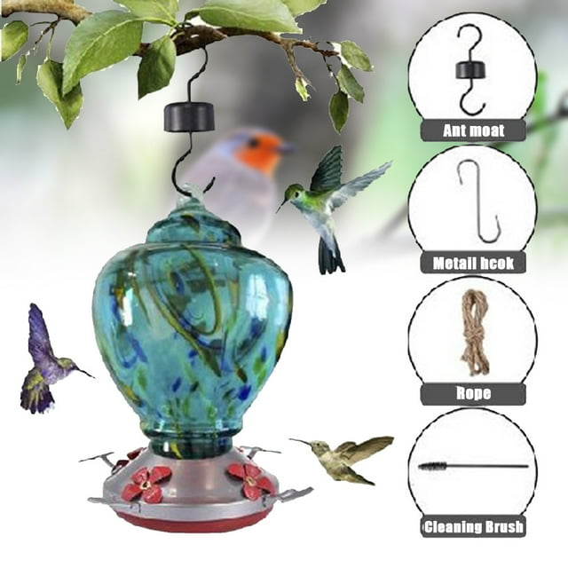 Hummingbird Feeder for Outdoors Hand Blown Colorful Glass Feeder with Ant Moat