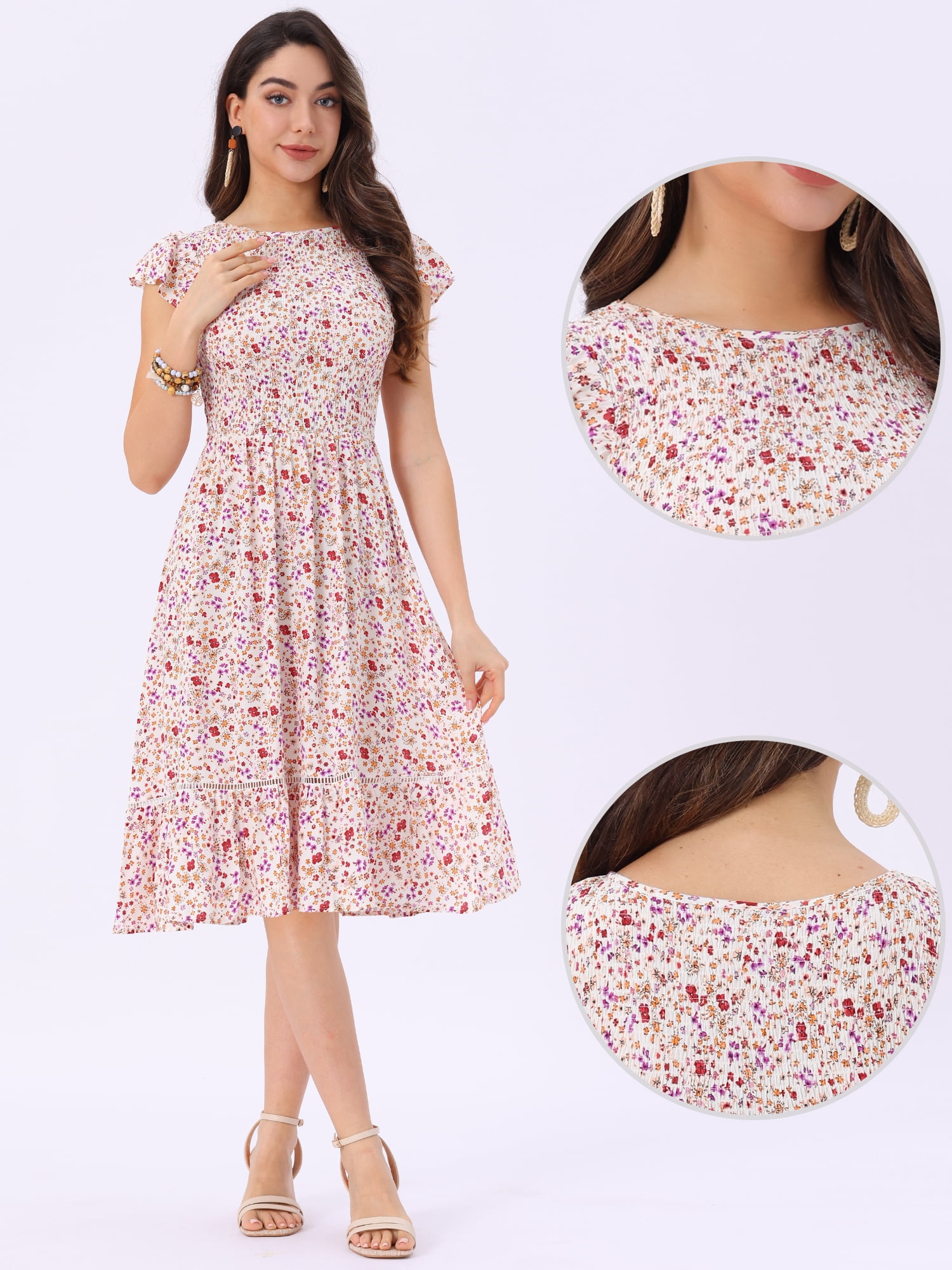 DARING DIVA Stylish Midi Smocked Floral Dress  S White