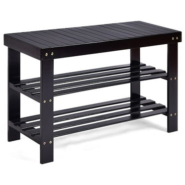 Spaco 3 Tier Bamboo Bench Storage Shoe Shelf-Black, Shoe Storage Organizer for Entryway & Closet