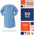 thumbnail image 2 of Disposable Lab Coat 44 Inches Long, Large. Pack of 50 Blue SMS Disposable Lab Coats for Adults. 50 GSM Disposable Coats Medical with 3 Pockets, Front Snaps, Knit Cuffs, and Collar, 2 of 7