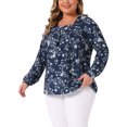 thumbnail image 4 of Blusas de mujer de talla grande con estampado floral, cuello cuadrado, de manga larga, túnica plisada, elegantes y casuales, 3X, azul marino, 4 of 5