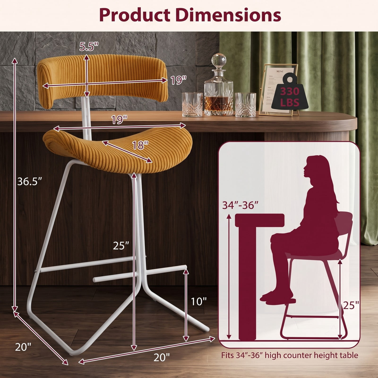 Furnibear Set of 2 Counter Height Bar Stools 25 Inch Armless Barstools with Padded Corduroy Seat and Footrest for Kitchen Island Dining, Orange