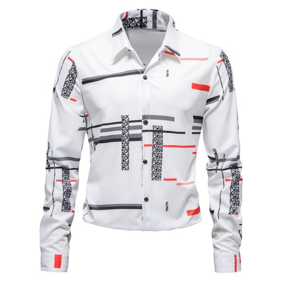 Fesfesfes New Long Sleeve Shirt Mens Printed Casual Lapel Button Button Light Business Shirt