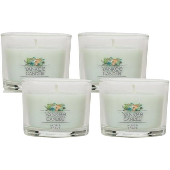 Yankee Candle Signature Votive Mini Candle Jar, Aloe & Agave Scent, Natural Soy Wax Blend Candle with Natural Fiber Wick, 1.3 OZ Glass Jar (Pack of 4)