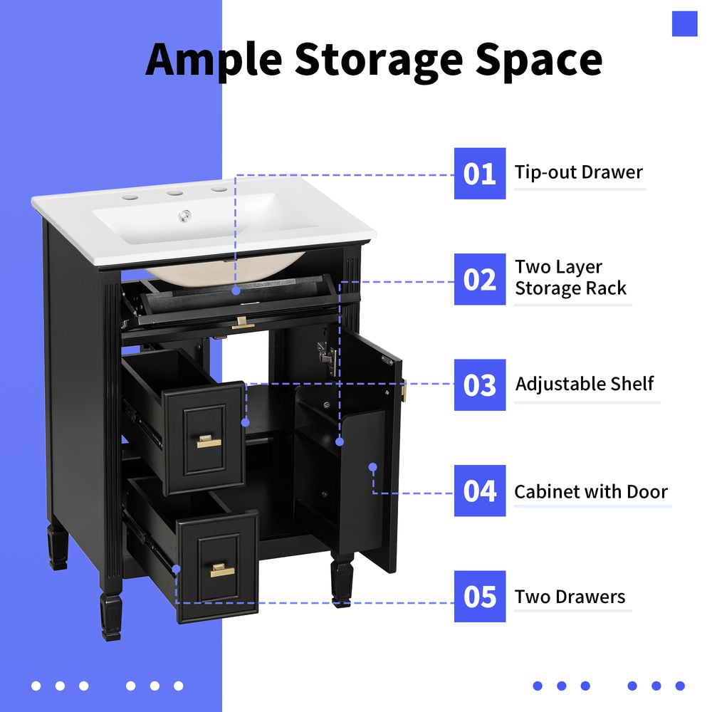 WGYPRIME 24" Bathroom Vanity with Sink, Modern Bathroom Storage Cabinet with Flip Drawer and 2 Standard Drawers, Freestanding Solid Wood Bathroom Cabinet