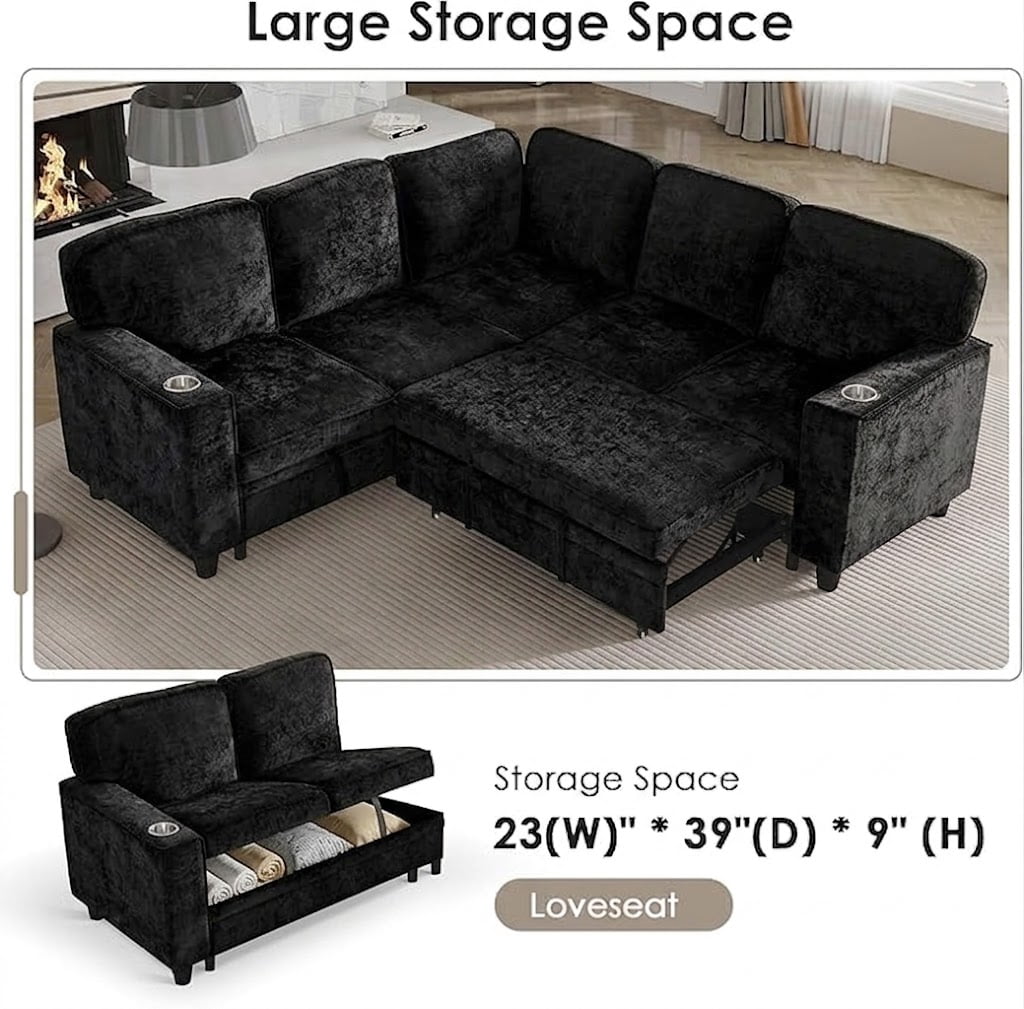 Howcool Modular Sectional Sleeper Sofa, 81" L-Shaped Oversized Cloud Couch with Pull-Out Bed, 5-Seat Chenille Sofa with Storage Chaise, USB Charging and Cup Holders for Living Room Apartment,Black