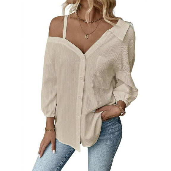 Women'S Asymmetrical Cold Shoulder Collar Neck Long Sleeve Button Down Blouse Shirts Tops M
