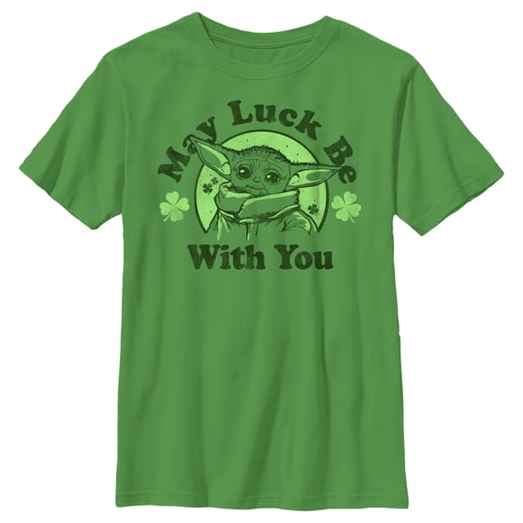 Boy's Star Wars: The Mandalorian St. Patrick's Day Grogu May Luck be with You Distressed  Graphic Tee Kelly Green Small