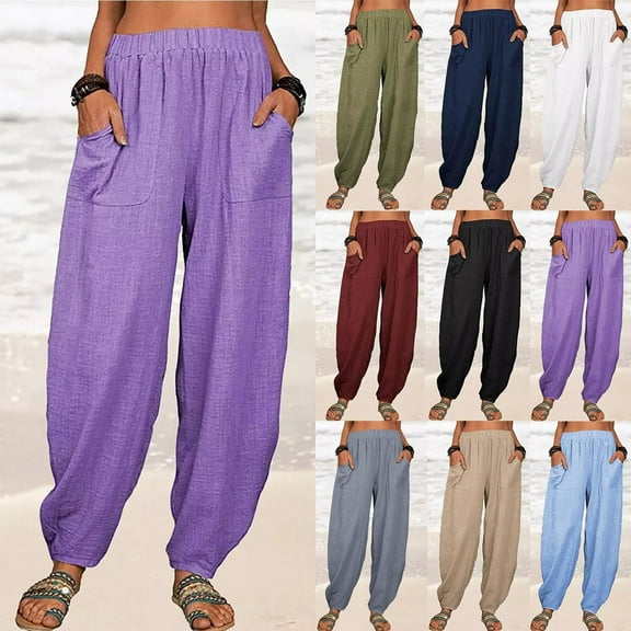 Dazajoo Women's Loose Cotton Linen Harem Pants Solid Baggy Casual Pants High Waist Yoga Trousers with Pockets,Army Green,XXXL